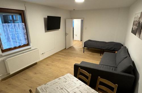 卡尔斯鲁厄5-room apartment (120 sqm) with 2 bathrooms, 2 kitchens, bar area & balcony directly in the city centre的带沙发和窗户的客厅