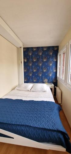 尚蒂伊Le Sleipnir - Appartement cantilien calme (proche gare SNCF)的一间卧室设有一张蓝色墙壁的大床