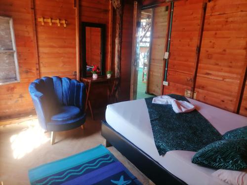 布兰卡滩Posada chikiluky beach的一间卧室配有一张床和一张蓝色椅子
