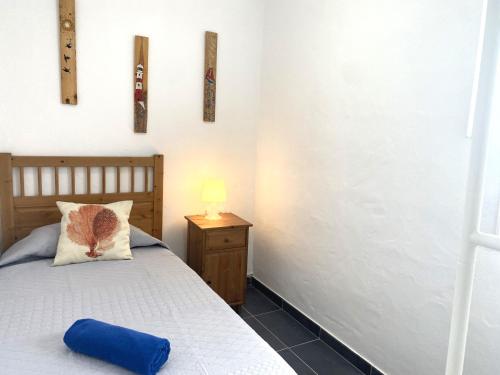 奥尔索拉Mirador del muelle house的一间卧室配有一张带蓝色枕头的床