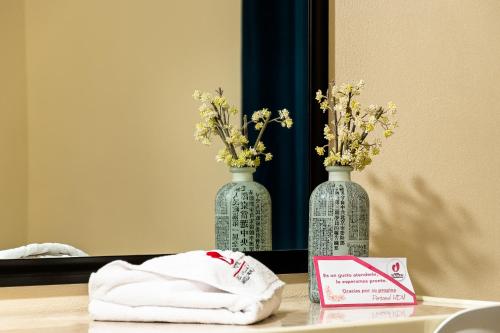 伊斯米基尔潘HOTEL DEL VALLE INN IXMIQUILPAN的镜子前的桌子上放着两瓶花花瓶