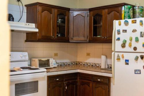 科潘玛雅遗址Residencia Sofmel的厨房配有木制橱柜和白色冰箱。