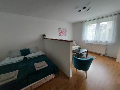 诺维萨德Garden House Novi Sad的一间卧室配有一张床、一把椅子和一张书桌