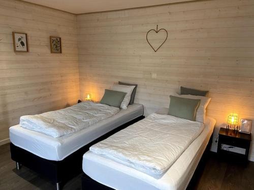 斯图蒙Ambiance boisée Moustier的配有2张单人床的客房,配有2盏灯