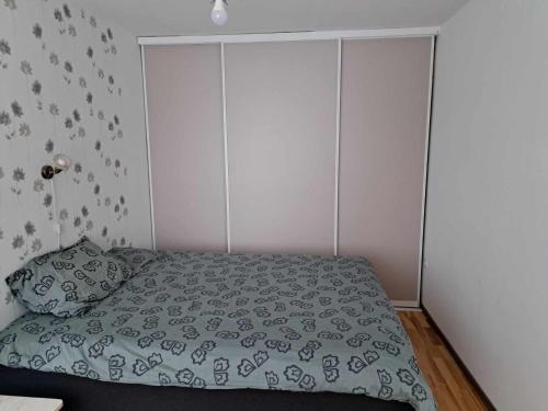 赖皮纳Räpina的一间卧室配有一张带绿色棉被的床