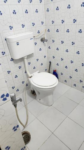 瓦拉纳西Banaras Gully House 500 ft from The Ghats的浴室设有蓝色和白色瓷砖,配有卫生间