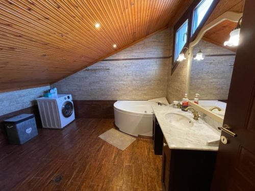 塞萨洛尼基SOFIA APARTMENTS的带浴缸、卫生间和盥洗盆的浴室