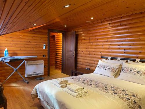 塞萨洛尼基SOFIA APARTMENTS的一间卧室配有一张木墙床