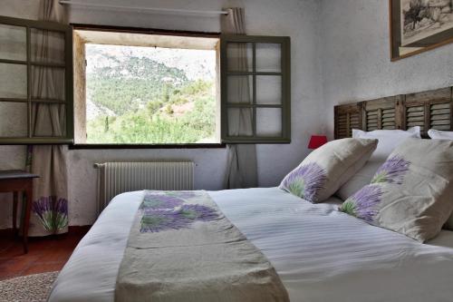 Saint-Antonin-sur-Bayons勒莫林恩普罗旺斯酒店的一间卧室设有一张大床和窗户