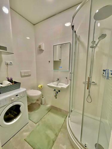 格拉茨JS Design Apartment的带淋浴、卫生间和盥洗盆的浴室