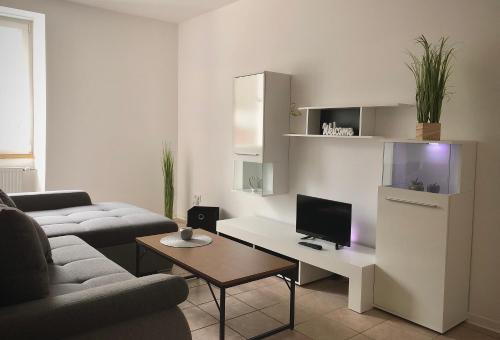 BraunshausenSchneiders Ferienwohnung 2的客厅配有沙发和书桌及电视