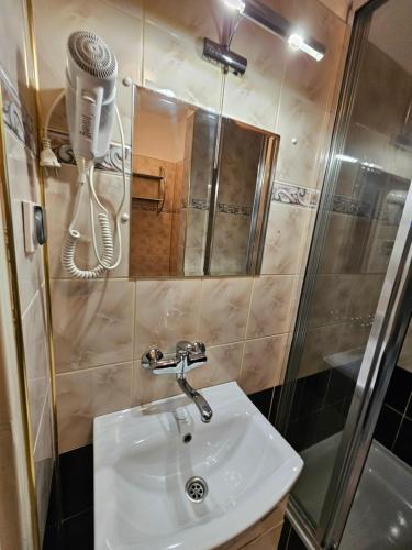 德兹维济诺Villa Krystyna的浴室配有水槽和墙上的吹风机