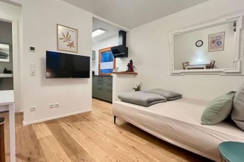 莱茵河畔凯尔Modernes Mini-Apartment in Kehl Kork的一间卧室配有一张床和一台平面电视