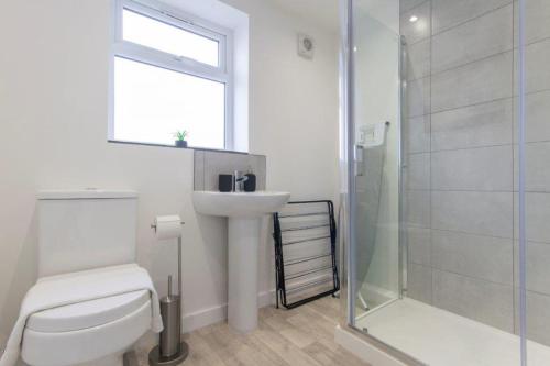 StaveleyAll Inn Apartments的浴室配有卫生间、盥洗盆和淋浴。