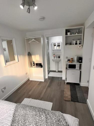 爱丁堡En-suite Room with Independent Entrance.的一间卧室配有一张床和一个水槽