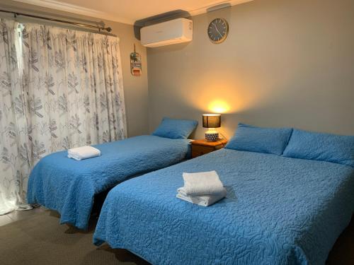 汉密尔顿Hamilton Holiday House的一间卧室设有两张带蓝色床单的床和窗户。