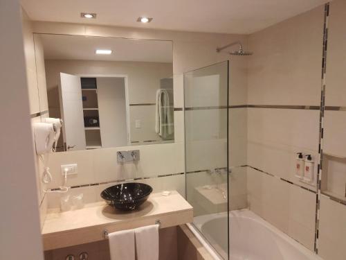 萨尔塔Hotel Alvarado Suites的带淋浴、盥洗盆和浴缸的浴室