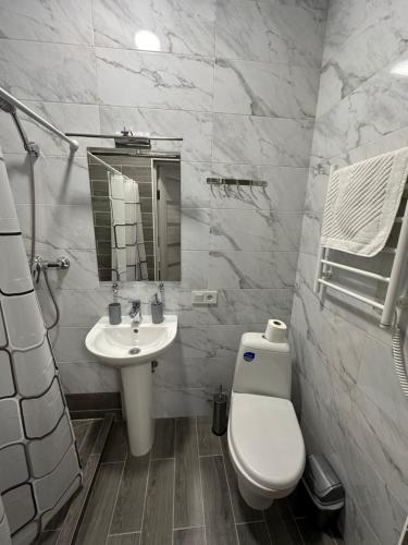 乌日霍罗德Modern Apartments Uzhgorod的白色的浴室设有卫生间和水槽。