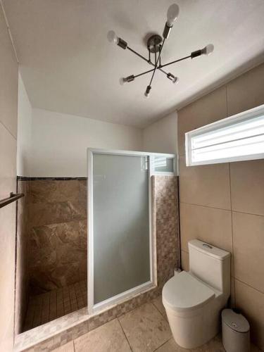 伊莎贝拉Playa y Campo Apartment #2的带淋浴和卫生间的浴室以及吊扇。