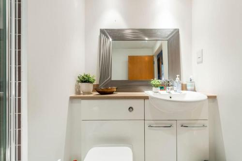 伦敦London Skylineviews 2 bed 2 bath flat near Canary Wharf, o2 & Excel的一间带水槽和镜子的浴室