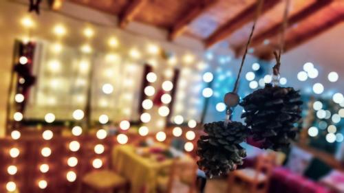 吉诺卡斯特Clockwise GuestRooms的一间设有灯光和桌椅及葡萄的客房