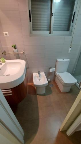 阿桂拉斯Apartamento moderno vacacional的一间带水槽和卫生间的浴室