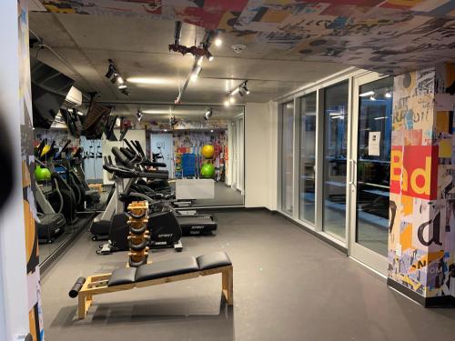 蒙特利尔App en Plein Centre de Montréal - Quartier des Spectacles的健身房,配有跑步机和健身器材