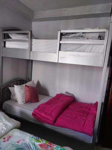 塞得港Porto Said的一间卧室配有两张双层床,铺有红色床单