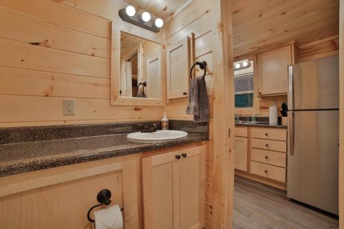 查塔努加Ernie Cabin Wauhatchie Woodlands Tiny Cabin的厨房配有水槽和冰箱