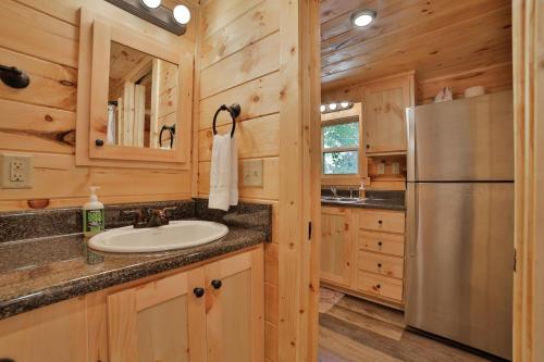 查塔努加Bryce Cabin Lookout Mtn Tiny Home W Swim Spa的厨房配有水槽和冰箱