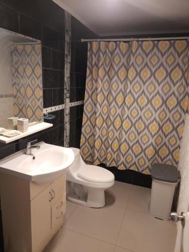 AngolParcela Zurich, casa 1的浴室设有卫生间、水槽和淋浴帘