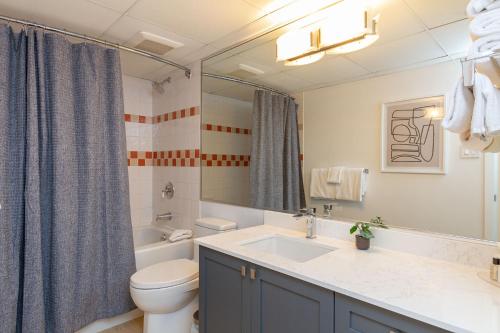 惠斯勒900 SQFT 2 Bed 2 Bath Renovated Suite at Cascade Lodge in Whistler Village Sleeps 6的一间带水槽、卫生间和镜子的浴室