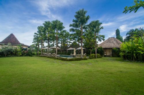 乌布Aswanaya Villas Ubud的一座大院子,里面种有房屋和棕榈树