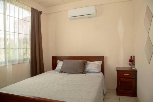福尔图纳Doña Hilda Apartment, La Fortuna的一间卧室配有一张床和一个带枕头的窗户