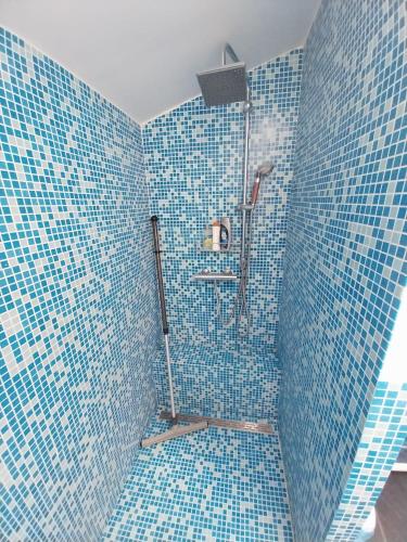 MillacUn air de campagne的带淋浴的浴室和蓝色瓷砖墙壁