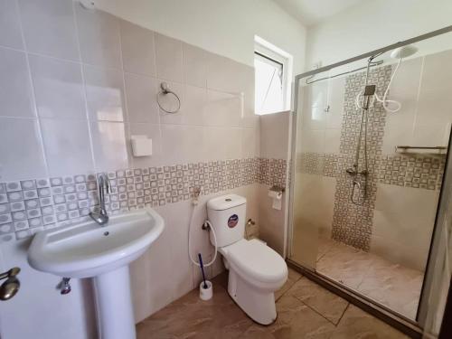 蒙巴萨H20 APARTMENTS NYALI的浴室配有卫生间、盥洗盆和淋浴。