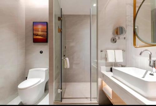 龙岗Vienna International Hotel Shenzhen Baolong subway Station branch的浴室配有卫生间、盥洗盆和淋浴。