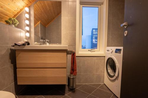 特罗姆瑟Urban and stylish apartment in city centre的一间带水槽和洗衣机的浴室