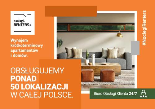 华沙Praga Duplex Apartment Premium Warsaw by Renters的一张带沙发和桌子的客厅的传单