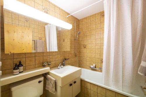 施库尔Chasa Trais Fluors的浴室配有盥洗盆、镜子和浴缸