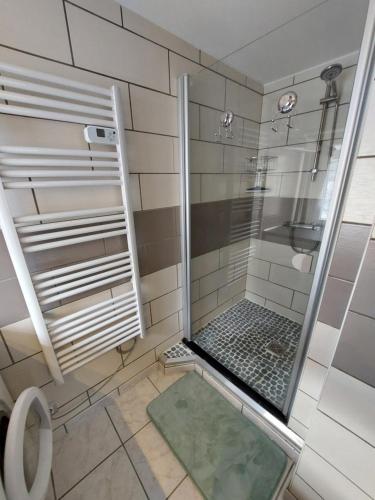 拉普特鲁瓦Gite Au Pays Welche的浴室里设有玻璃门淋浴