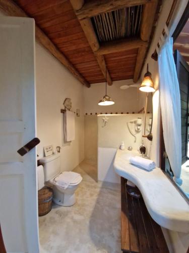 托兰克索Mini Casa com Jacuzzi e Piscina的一间带水槽和卫生间的浴室