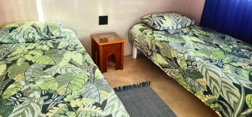 普利登堡湾Moonsong Accommodation & Camping的客房设有两张床和一个带桌子的床头柜。
