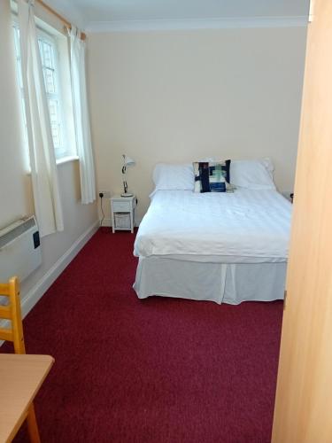 伦敦Ensuite Double Room的卧室配有白色的床和红色地毯
