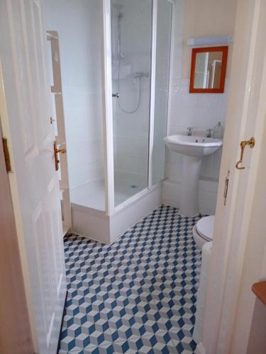 伦敦Ensuite Double Room的带淋浴、卫生间和盥洗盆的浴室