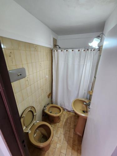 马德普拉塔Departamento Centro de la Ciudad的浴室设有2个卫生间、水槽和淋浴。