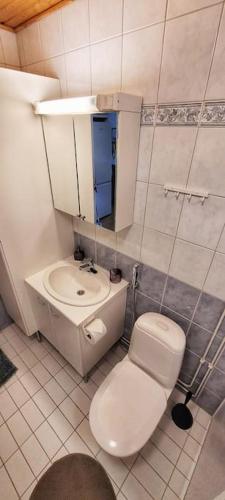 于韦斯屈莱Upea saunallinen asunto järvinäkymällä.的白色的浴室设有卫生间和水槽。