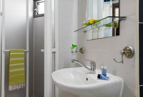 特拉维夫太阳城酒店的一间带水槽、镜子和淋浴的浴室