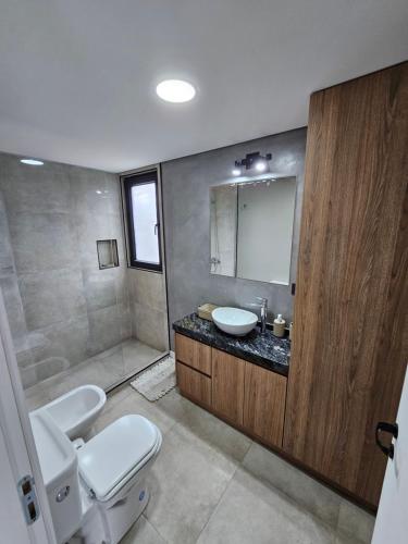 乌斯怀亚Andino House的浴室配有卫生间、盥洗盆和淋浴。