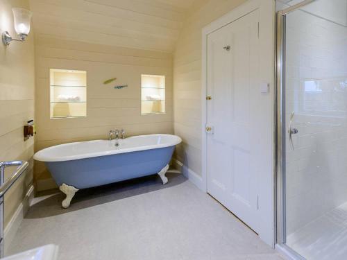 PencaitlandBroomrigg Farmhouse的一间带蓝色浴缸和淋浴的浴室